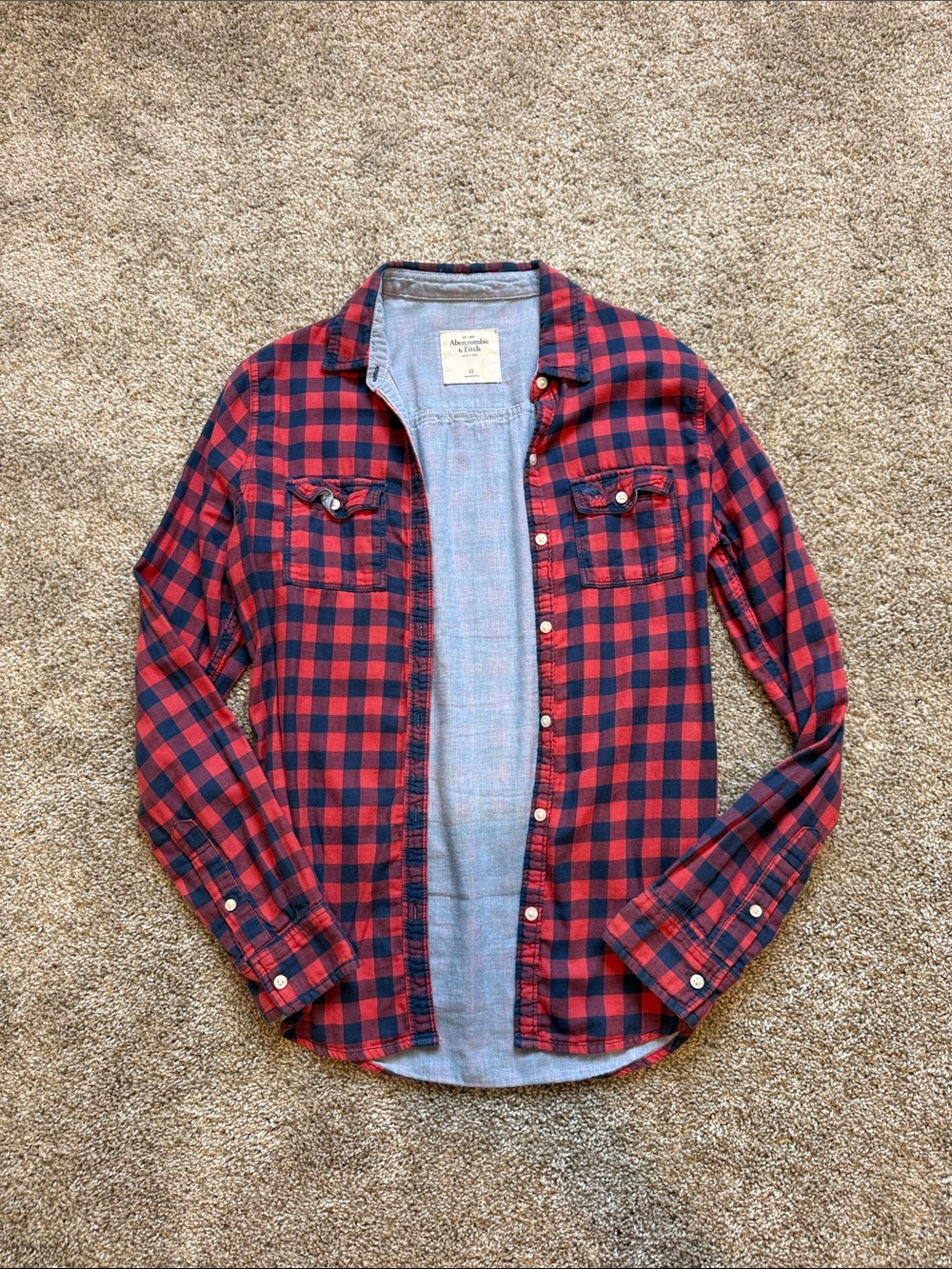 Abercrombie & Fitch Red and Navy Plaid Long Sleeve Shirt
